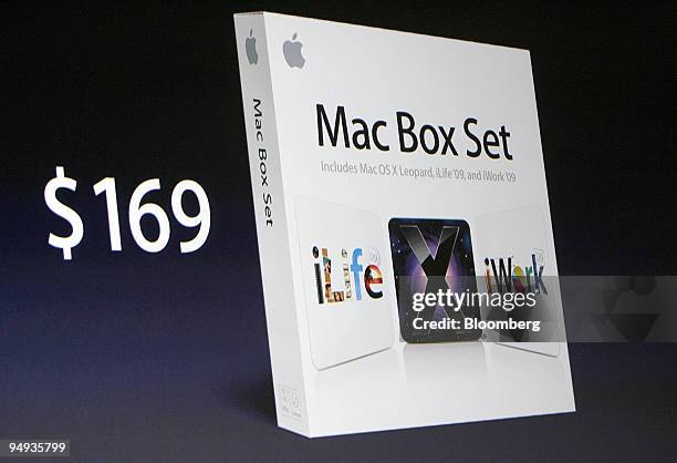 The Mac Box Set with Mac Leopard, the new iLife '09 and iWork '09 for $169 is displayed during the keynote speech by Philip Schiller, senior vice...