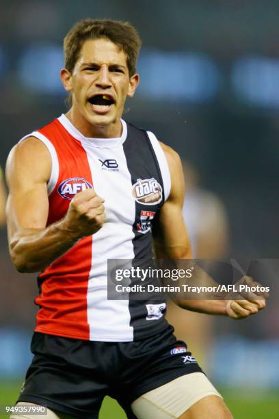 Ben Long of the Saints celebrates a goal during the round five AFL match between the St Kilda Saints and the Greater Western Sydney Giants at Etihad...