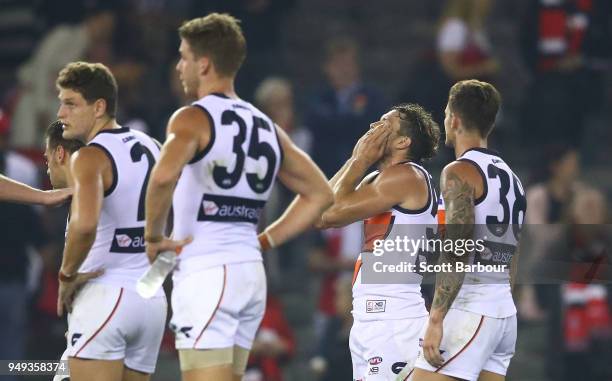 The Giants leave the filed after drawing the match during the round five AFL match between the St Kilda Saints and the Greater Western Sydney Giants...