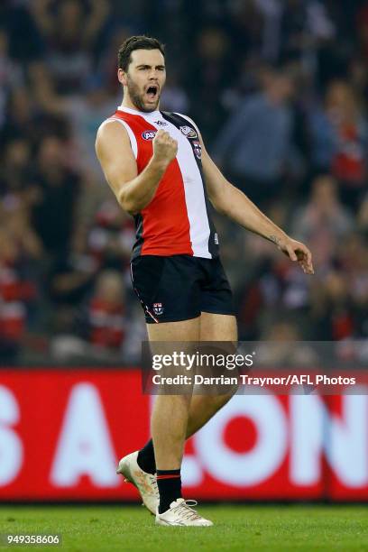 Paddy McCartin of the Saints celebrates a goal during the round five AFL match between the St Kilda Saints and the Greater Western Sydney Giants at...