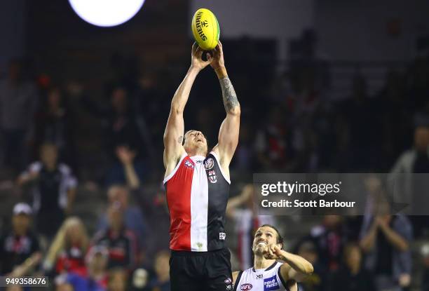 Jake Carlisle of the Saints drops a mark in the final seconds of the match during the round five AFL match between the St Kilda Saints and the...