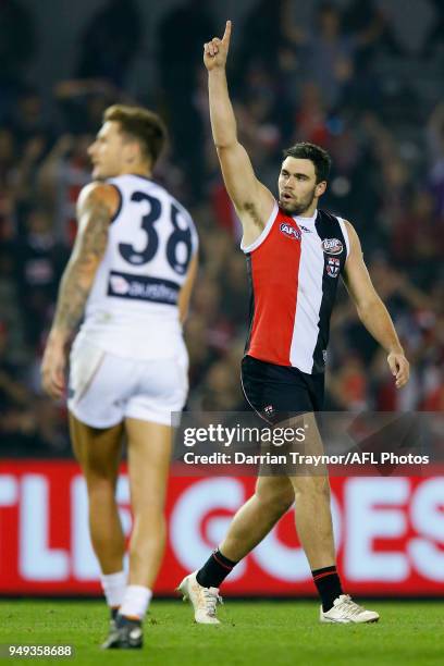 Paddy McCartin of the Saints celebrates a goal during the round five AFL match between the St Kilda Saints and the Greater Western Sydney Giants at...