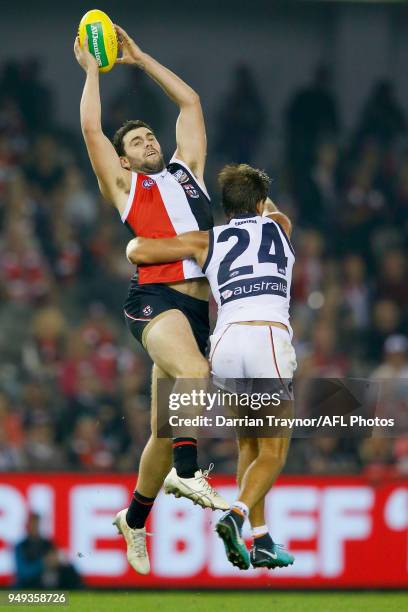 Paddy McCartin of the Saints marks the ball during the round five AFL match between the St Kilda Saints and the Greater Western Sydney Giants at...