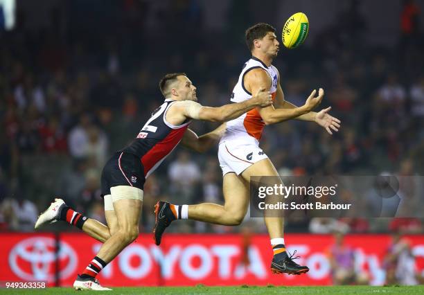 Jonathon Patton of the Giants drops a mark during the round five AFL match between the St Kilda Saints and the Greater Western Sydney Giants at...