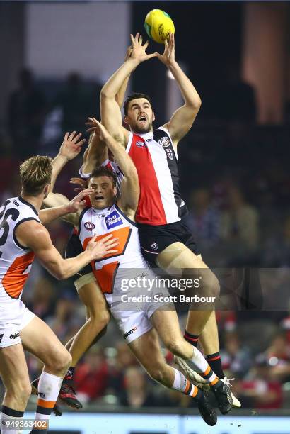 Paddy McCartin of the Saints competes for the ball during the round five AFL match between the St Kilda Saints and the Greater Western Sydney Giants...