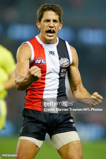 Ben Long of the Saints celebrates a goal during the round five AFL match between the St Kilda Saints and the Greater Western Sydney Giants at Etihad...