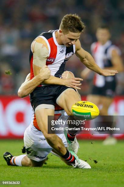 Jack Billings of the Saints kicks the ball during the round five AFL match between the St Kilda Saints and the Greater Western Sydney Giants at...