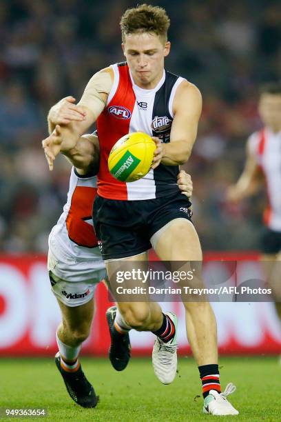 Jack Billings of the Saints kicks the ball during the round five AFL match between the St Kilda Saints and the Greater Western Sydney Giants at...