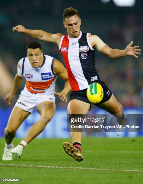 Luke Dunstan of the Saints kicks the ball during the round five AFL match between the St Kilda Saints and the Greater Western Sydney Giants at Etihad...