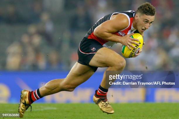 Luke Dunstan of the Saints gathers the ball during the round five AFL match between the St Kilda Saints and the Greater Western Sydney Giants at...