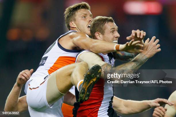 Aidan Corr of the Giants spoils Tim Membrey of the Saints during the round five AFL match between the St Kilda Saints and the Greater Western Sydney...