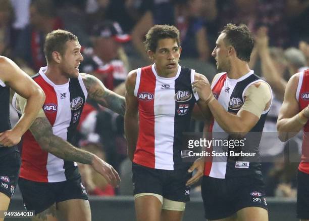 Ben Long of the Saints celebrates a goal during the round five AFL match between the St Kilda Saints and the Greater Western Sydney Giants at Etihad...