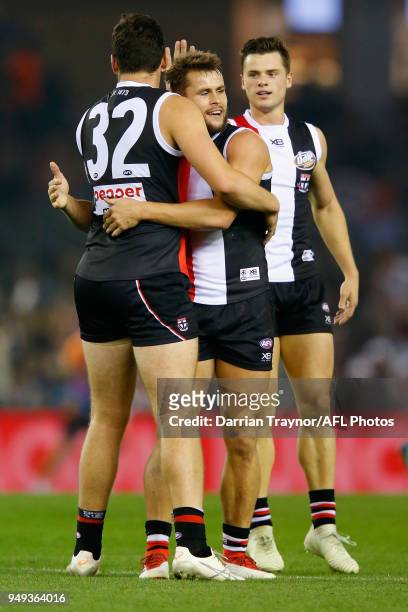 Paddy McCartin and Maverick Weller of the Saints celebrate a goal during the round five AFL match between the St Kilda Saints and the Greater Western...