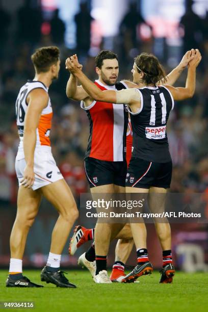 Paddy McCartin and Hunter Clark of the Saints celebrate a goal during the round five AFL match between the St Kilda Saints and the Greater Western...