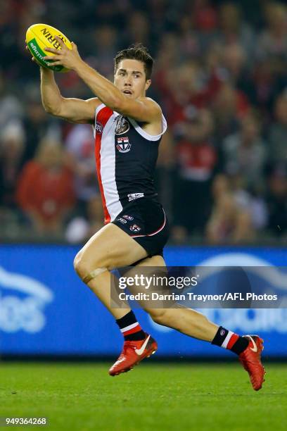 Jade Gresham of the Saints runs with the ball during the round five AFL match between the St Kilda Saints and the Greater Western Sydney Giants at...