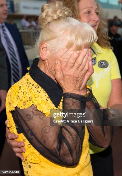 Trainer Udyta Clarke reacts after Rich Charm won Race 8 during Melbourne Racing at Caulfield Racecourse on April 21, 2018 in Melbourne, Australia.