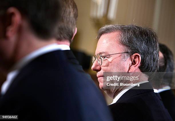 Eric Schmidt, chief executive officer of Google Inc., waits to hear U.S. President Barack to speak in the East Room of the White House in Washington,...