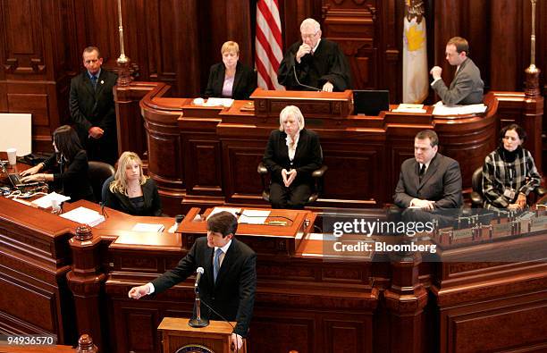 Illinois Governor Rod Blagojevich makes a closing statement at his impeachment trial before the state senate in Springfield, Illinois, U.S., on...