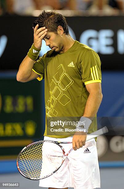 Fernando Verdasco of Spain gestures after returning a shot to Rafael Nadal of Spain during the men's semifinals match on day 12 of the Australian...