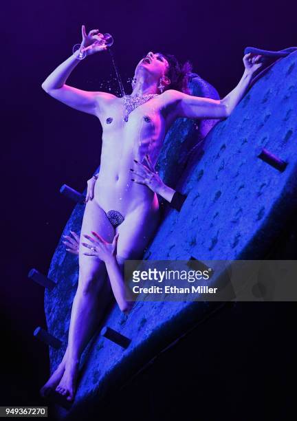 Burlesque dancer Michelle L'amour performs during the Viva Las Vegas Rockabilly Weekend's Burlesque Showcase hosted by Cassandra "Elvira, Mistress of...
