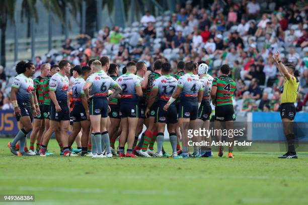 Rabbitohs and Raiders players during an altercation during the round seven NRL match between the South Sydney Rabbitohs and the Canberra Raiders at...