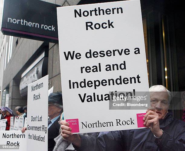 Northern Rock shareholders protest outside one of its branches in London, U.K., on Monday, Jan. 12, 2009. The Government's nationalisation of...