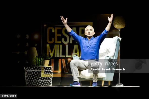 American dog trainer Cesar Millan performs live during his show at the Mercedes-Benz Arena on April 19, 2018 in Berlin, Germany.