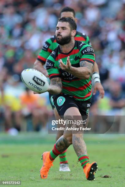 Adam Reynolds of the Rabbitohs passes the ball during the round seven NRL match between the South Sydney Rabbitohs and the Canberra Raiders at...