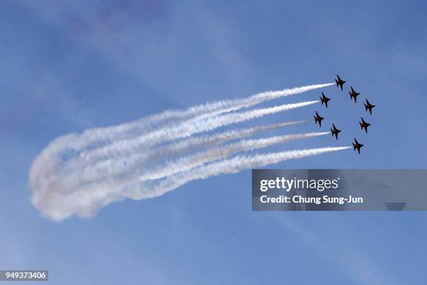 The South Korean Airforce Black Eagle aerobatics team fly in formation during the Taekwondo event at the national assembly on April 21, 2018 in...