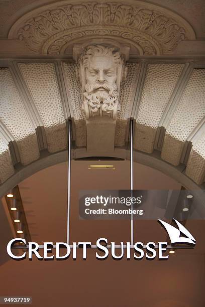 The Credit Suisse Group AG logo hangs at the company's headquarters on Paradeplatz in Zurich, Switzerland, on Saturday, Feb. 7, 2009. Credit Suisse...