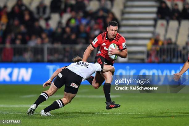 Ryan Crotty of the Crusaders charges forward during the round 10 Super Rugby match between the Crusaders and the Sunwolves at AMI Stadium on April...