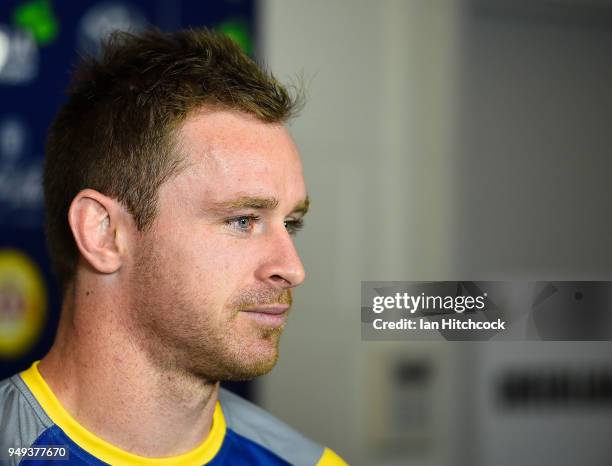 Michael Morgan of the Cowboys speaks to the media before the start of the round seven NRL match between the North Queensland Cowboys and the Gold...