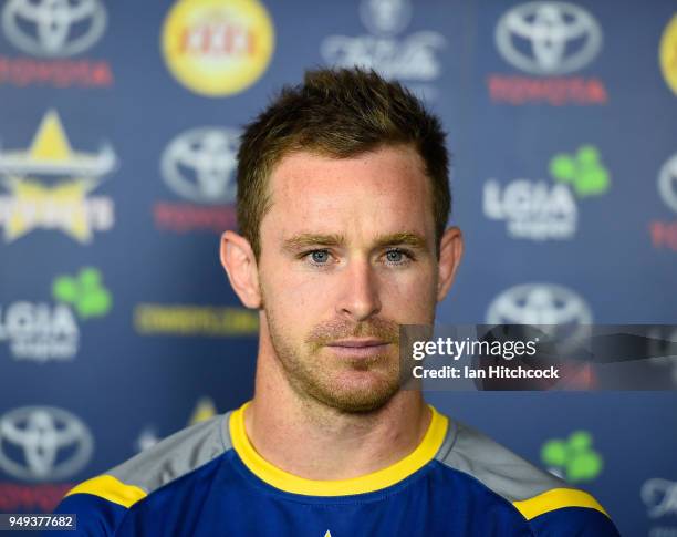 Michael Morgan of the Cowboys speaks to the media before the start of the round seven NRL match between the North Queensland Cowboys and the Gold...