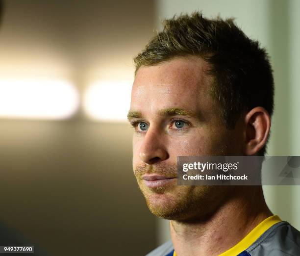 Michael Morgan of the Cowboys speaks to the media before the start of the round seven NRL match between the North Queensland Cowboys and the Gold...