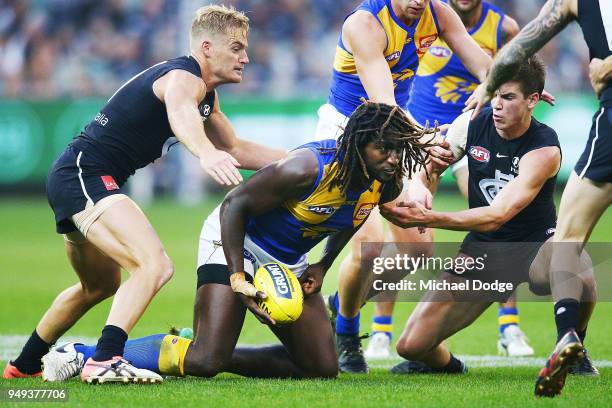 Sam Kerridge of the Blues and Paddy Dow tackle Nic Naitanui of the Eagles compete for the ball during the round five AFL match between the Carlton...