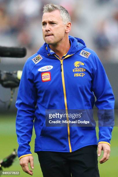 Eagles head coach Adam Simpson looks upfield during the round five AFL match between the Carlton Blues and the West Coast Eagles at Melbourne Cricket...