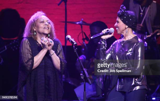 Singers Cassandra Wilson and Nona Hendryx attend the 16th Annual A Great Night In Harlem Gala at The Apollo Theater on April 20, 2018 in New York...