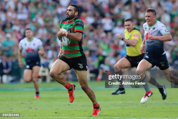 Greg Inglis of the Rabbitohs makes a break during the round seven NRL match between the South Sydney Rabbitohs and the Canberra Raiders at Central...