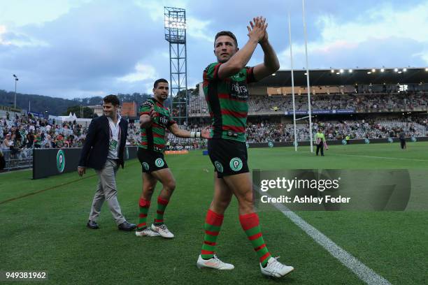 Sam Burgess of the Rabbitohs celebrates the win with the crowd during the round seven NRL match between the South Sydney Rabbitohs and the Canberra...