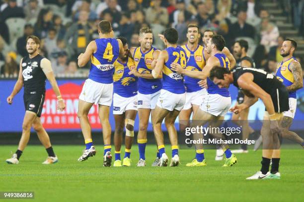 Mark LeCras of the Eagles celebrates a goal during the round five AFL match between the Carlton Blues and the West Coast Eagles at Melbourne Cricket...