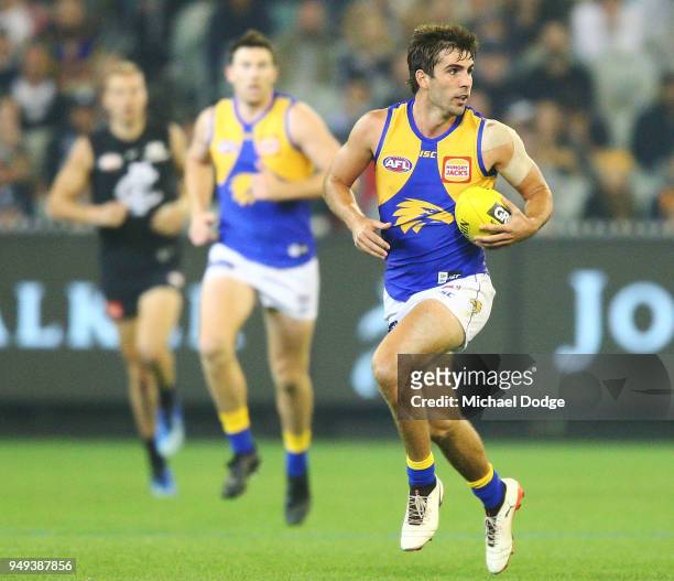 Andrew Gaff of the Eagles runs with the ball during the round five AFL match between the Carlton Blues and the West Coast Eagles at Melbourne Cricket...