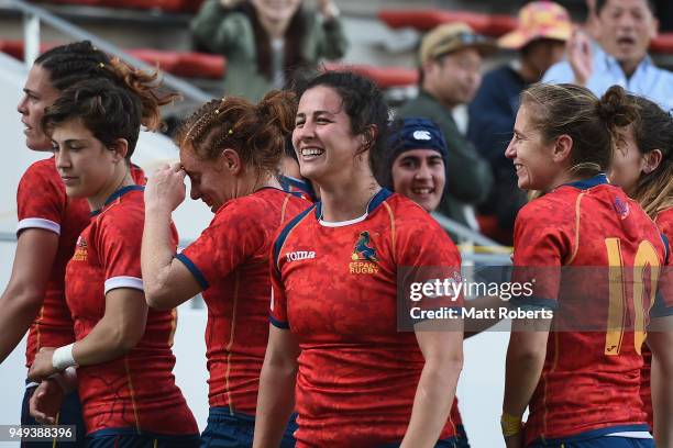 Players of Spain celebrate on day one of the HSBC Women's Rugby Sevens Kitakyushu Pool match between Australia and Spain at Mikuni World Stadium...