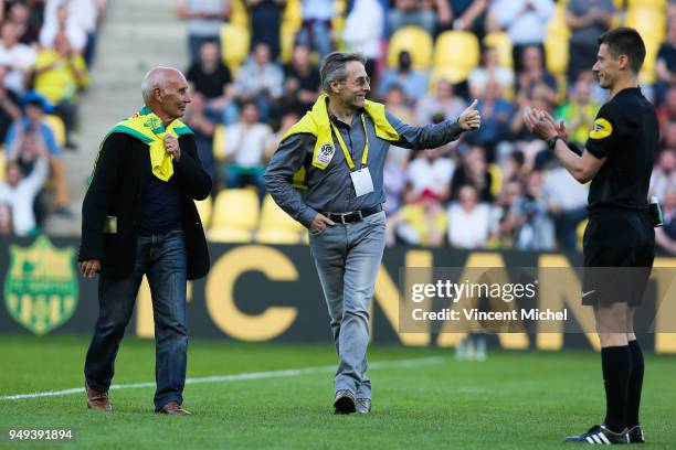 Raynald Denoueix and Jean Claude Suaudeau, former legendary headcoaches of Nantes during the Ligue 1 match between Nantes and Stade Rennes at Stade...