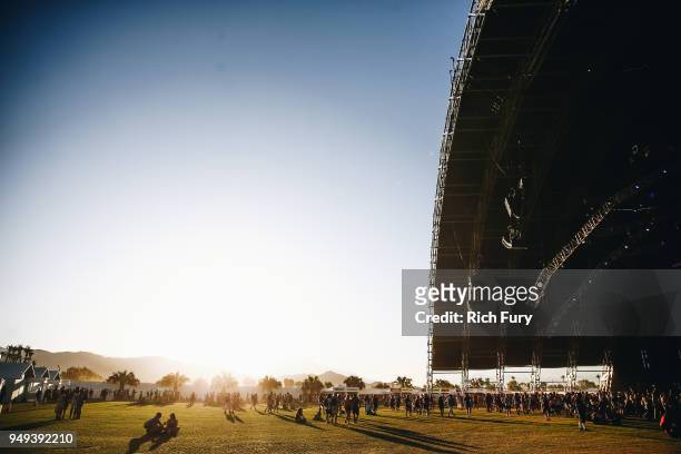 Festivalgoers outside of the Sahara stage during the 2018 Coachella Valley Music And Arts Festival at the Empire Polo Field on April 20, 2018 in...
