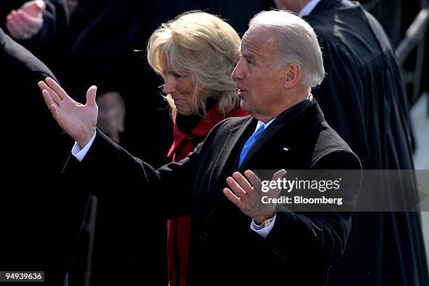 Vice President Joe Biden, right, and his wife Jill prepare to leave following the inauguration ceremony of President Barack Obama at the Capitol in...