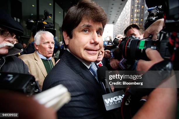 Rod Blagojevich, former governor of Illinois, speaks to the media as he leaves Dirksen Federal Building following his arraignment in Chicago,...