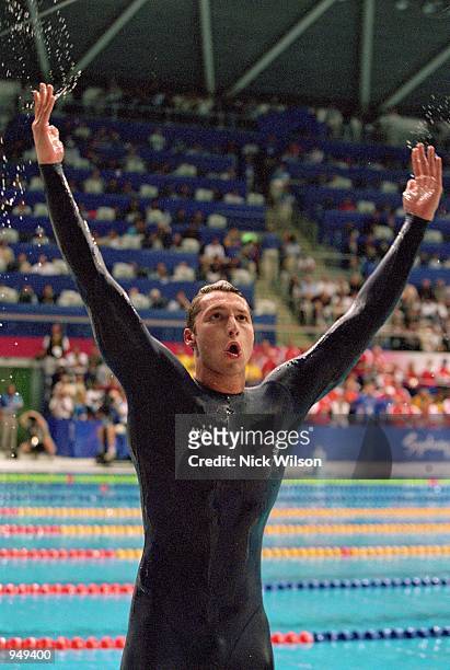 Ian Thorpe of Australia celebrates winning Gold in the Mens 400m Freestyle Final at the Sydney International Aquatic Centre during Day One of the...