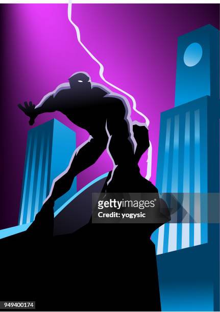 ilustraciones, imágenes clip art, dibujos animados e iconos de stock de vector de superhéroes enmascarados en la ciudad de noche - agacharse