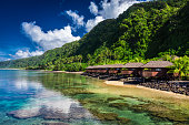 Tropical beach with with coconut palm trees and beach houses on Samoa, Upolu