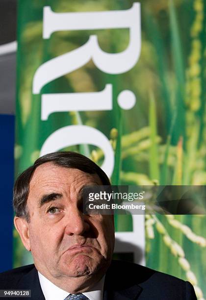 Paul Skinner, chairman of Rio Tinto Group, gestures during a news conference at the Queen Elizabeth II conference centre in central London, U.K., on...